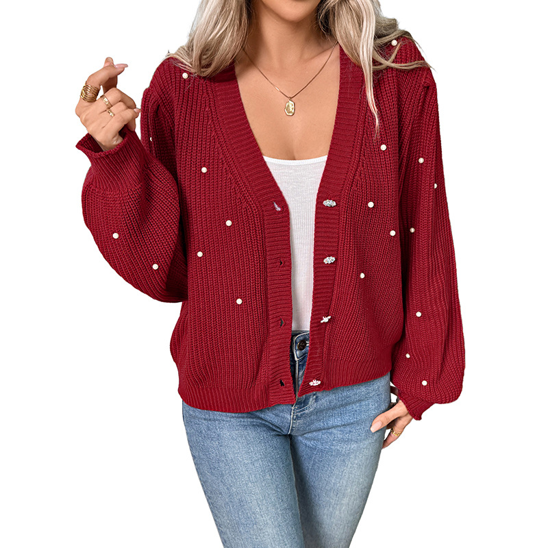 Women's Red Beaded V-Neck Cardigan Sweater Jacket