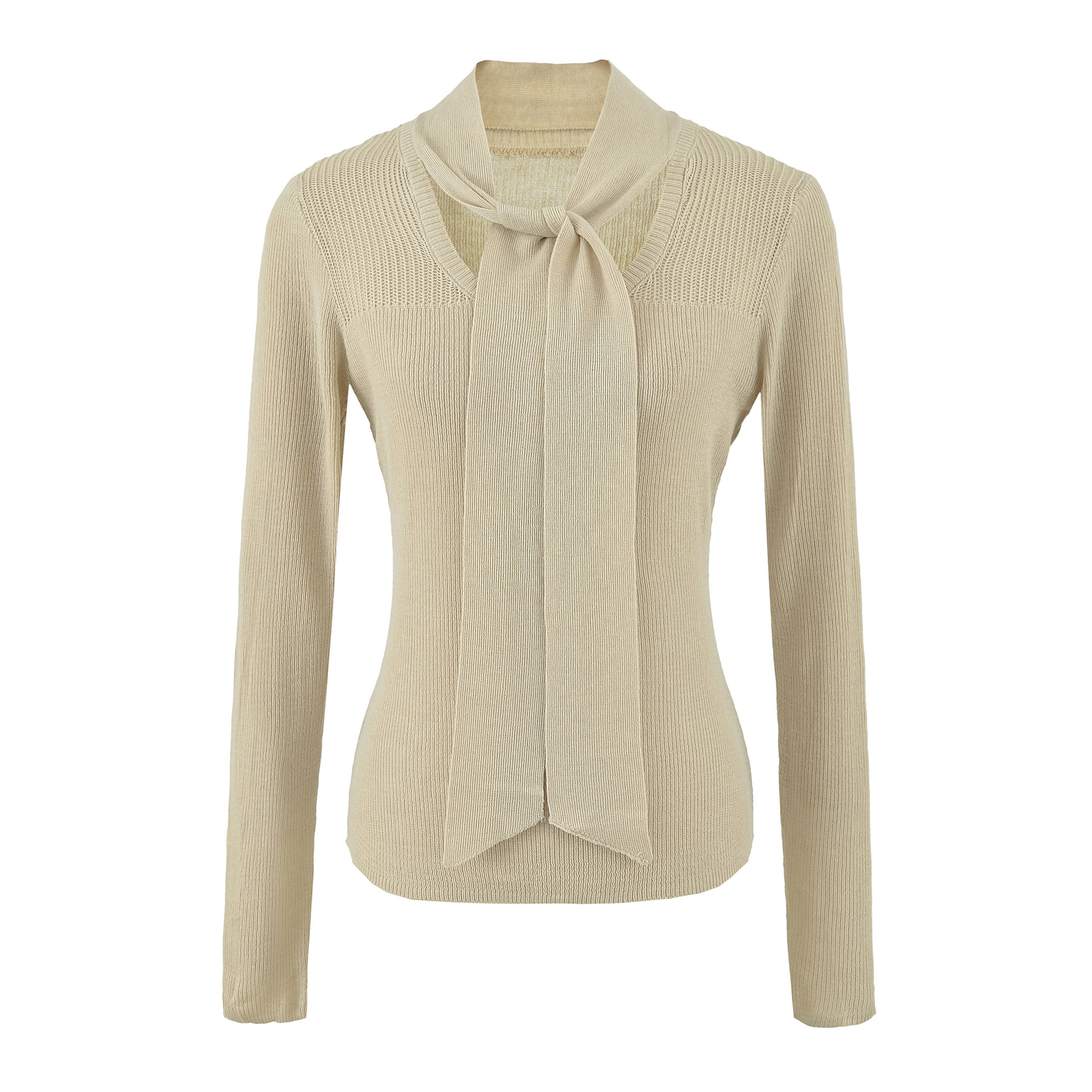 Women's Tie-Neck Semi-Sheer Slim Fit Wool Blend Knit Top Long Sleeve Layering Sweater