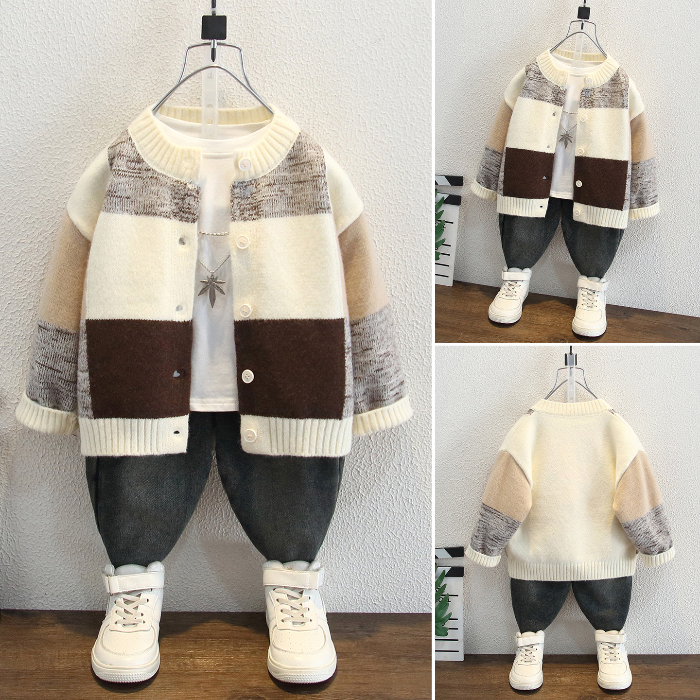 Boys Plaid Color Block Knit Cardigan Sweater