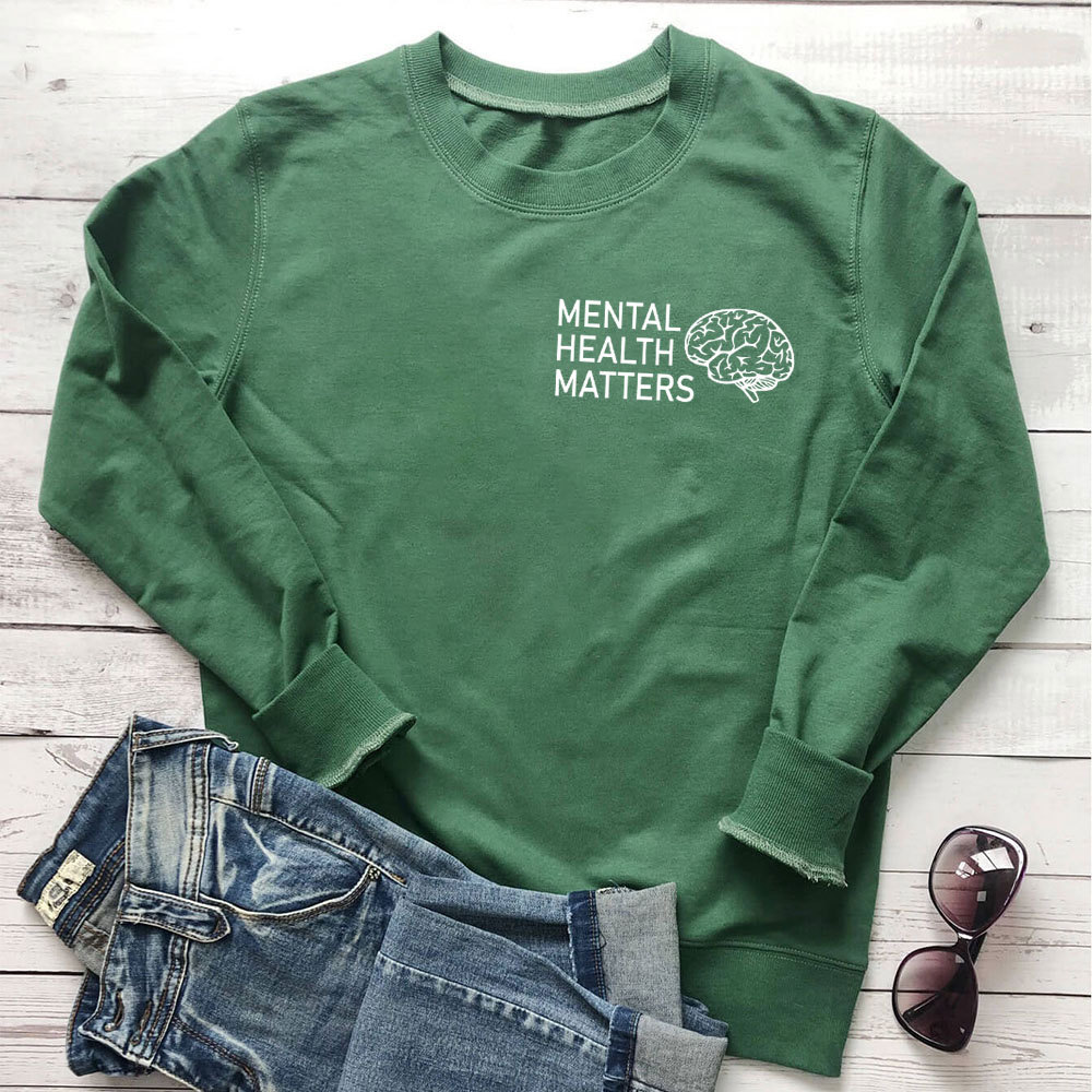 Alphabet printed mental health hoodie – detalle y tallas