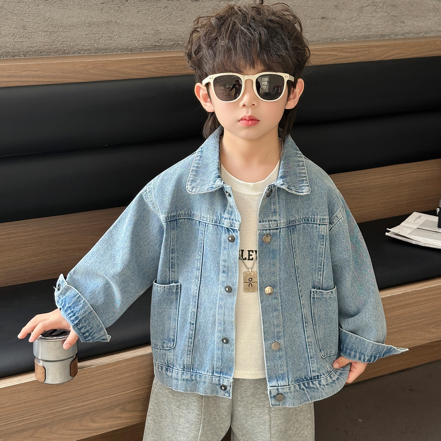 Casual Denim Open Front Lapel Collar Kids Jacket