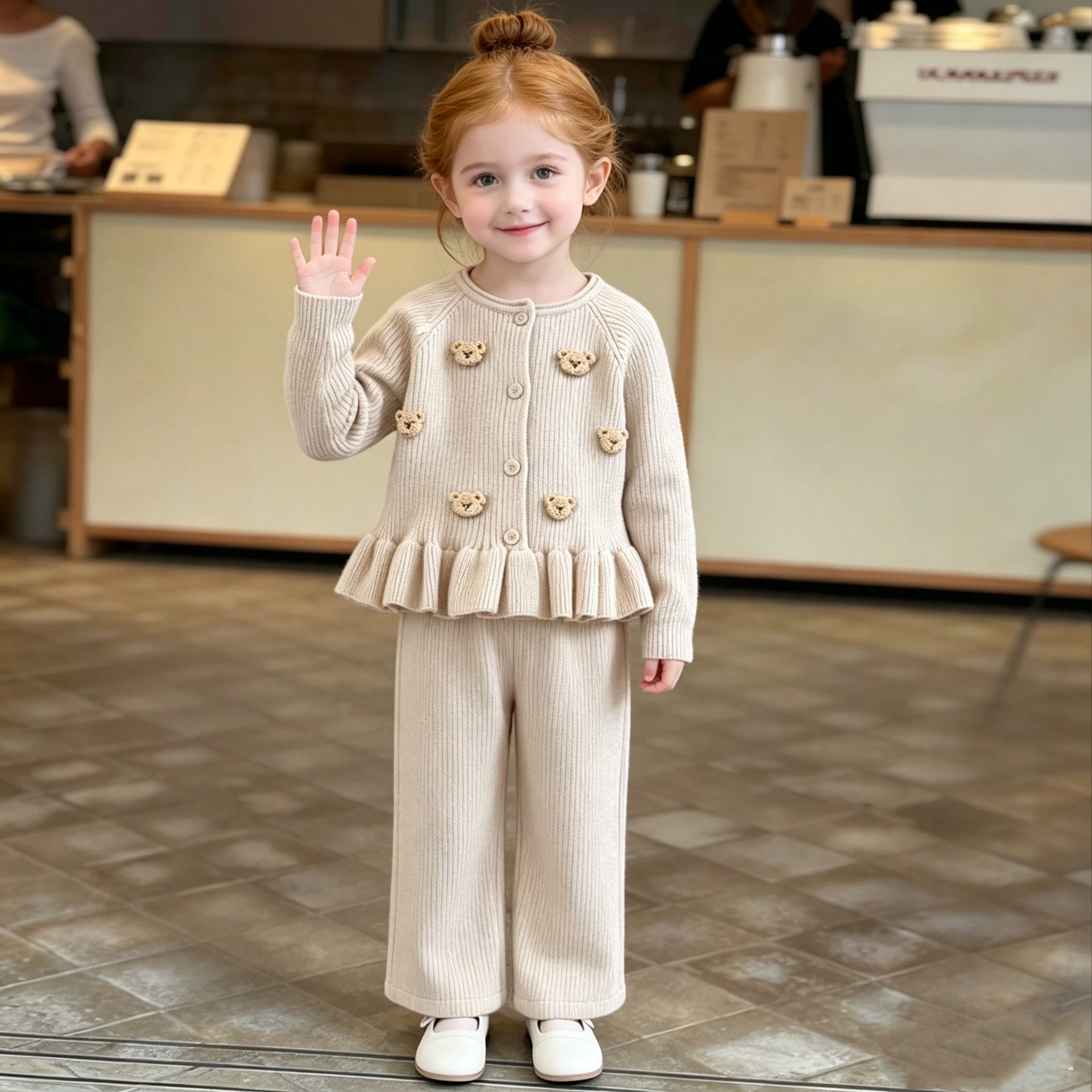 Sweet Bear Print Long Sleeve Sweater Cardigan and Casual Pants Set for Girls