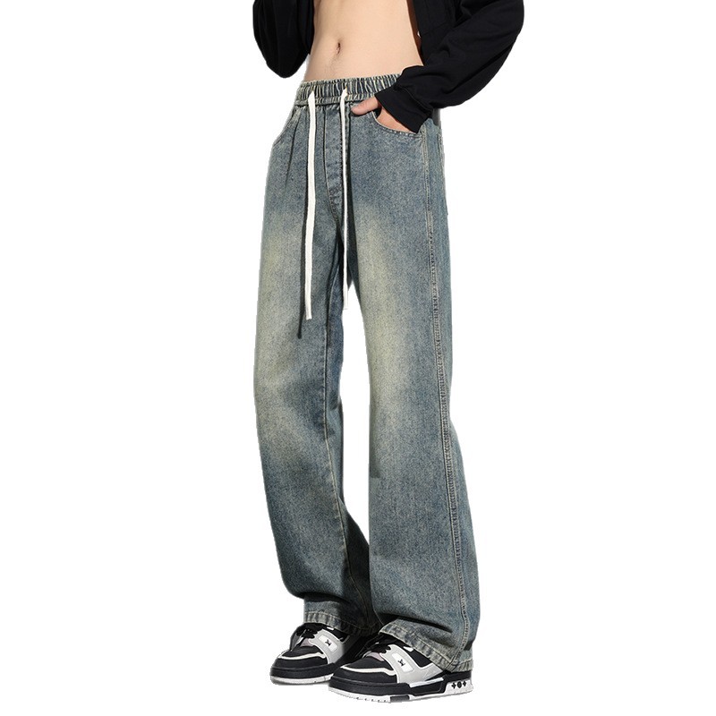 Men's Denim Elastic Waist Drawstring Straight Leg Wide Leg Pants