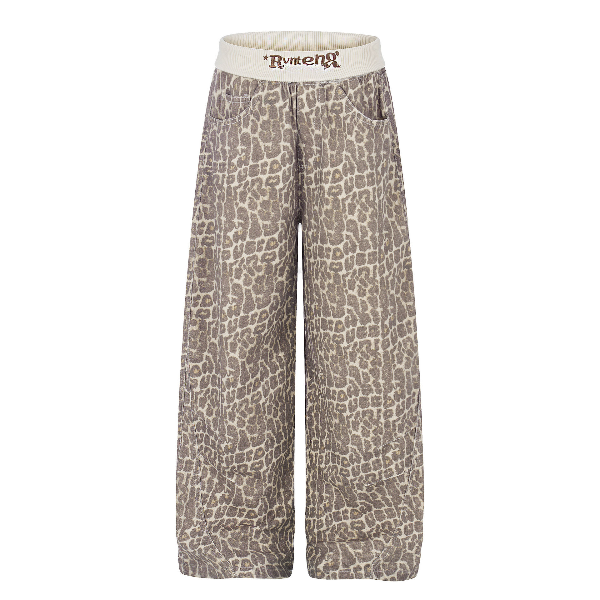 Leopard Print Sweatpants with Contrast Letter Embroidery Elastic Waist Loose Wide Leg Floor-Length