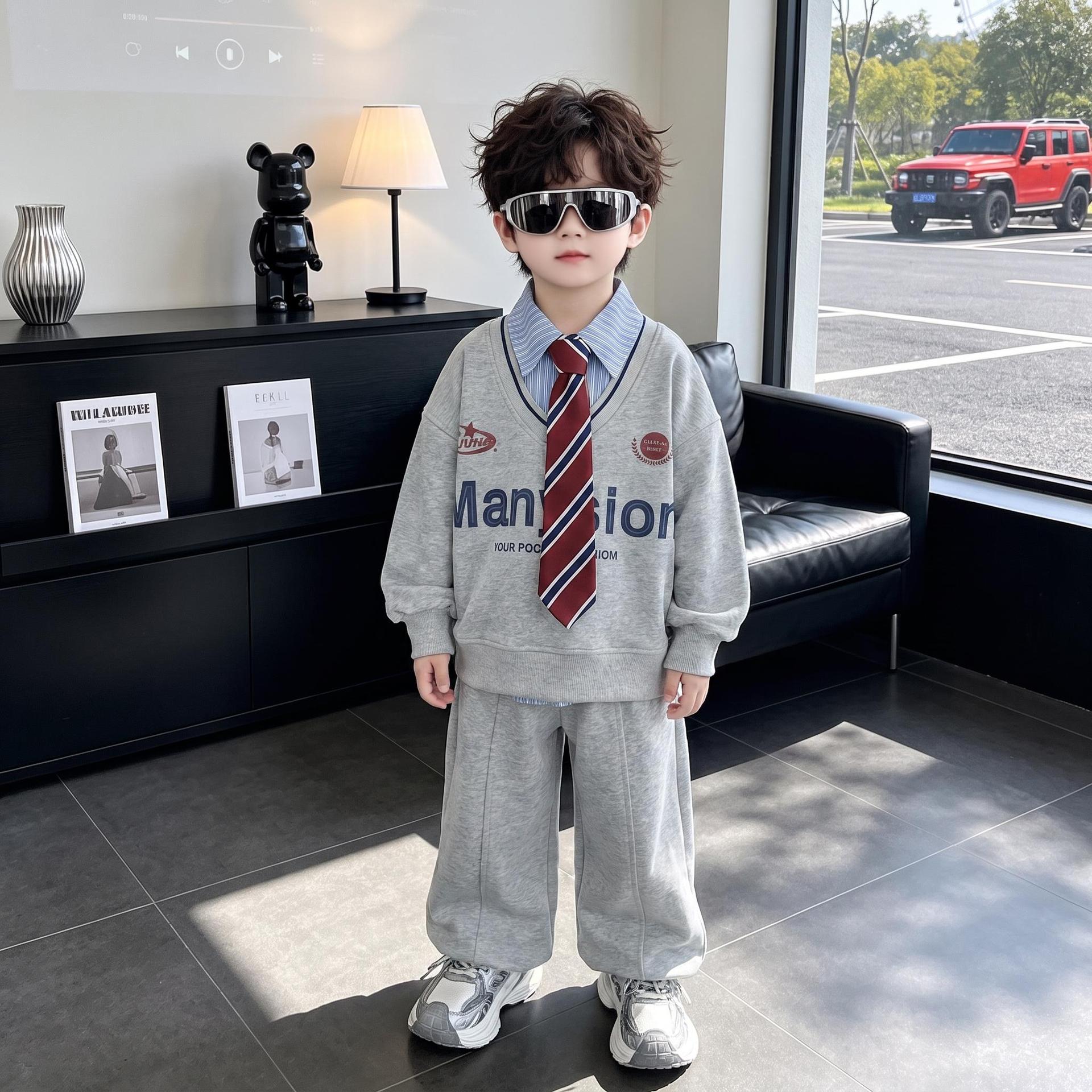 Kids Tie Fake Two Piece Hoodie Sweatshirt Sports Casual Two-Piece Set