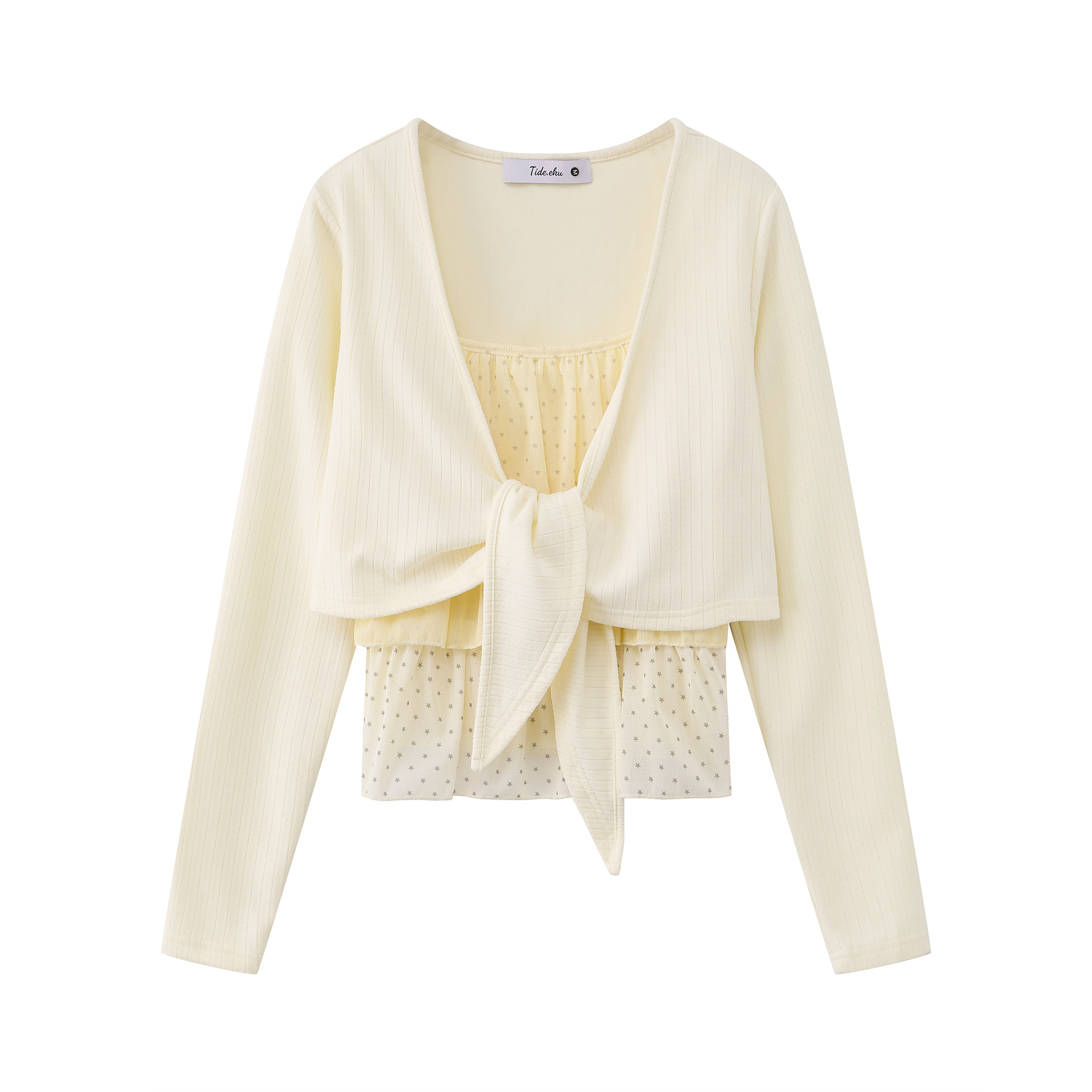 Sweet Two-Piece Set Tie Crop Cardigan Jacket Polka Dot Ruffle Camisole Top