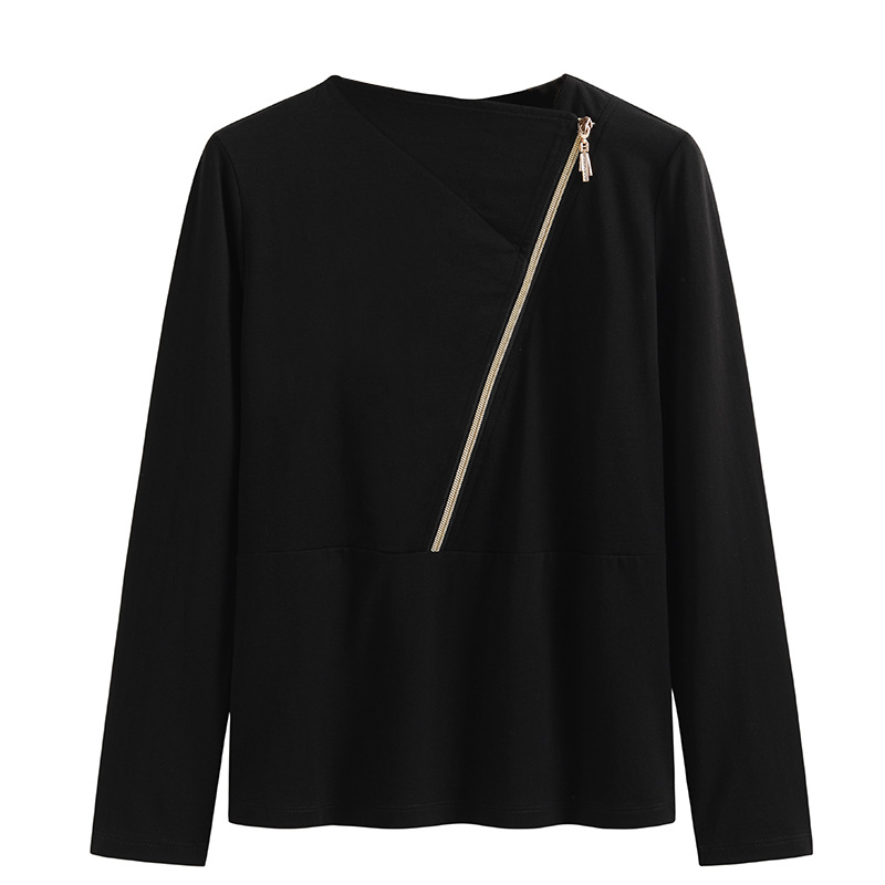 Diagonal zipper long sleeved T-shirt