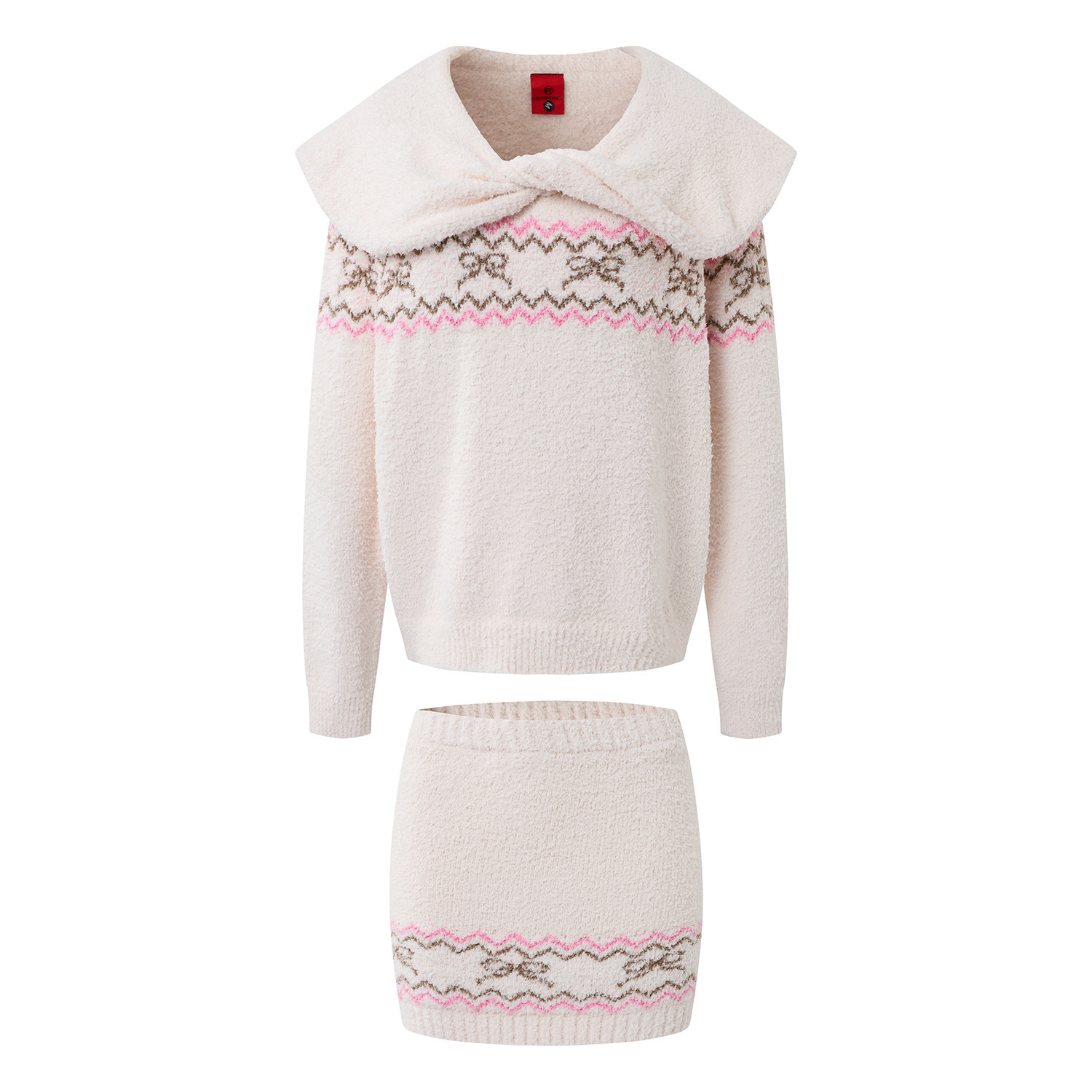 Fair Isle Pattern Large Lapel Soft Knit Sweater High-Waisted Bodycon Mini Skirt Two-Piece Set for