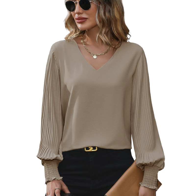 Women's Minimalist Pleated Lantern Sleeve Blouse Solid Color Office Casual Shirt