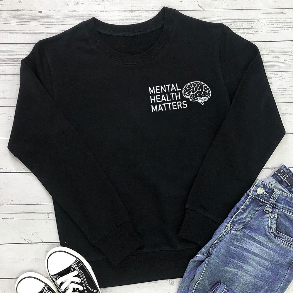 Alphabet printed mental health hoodie – detalle y tallas
