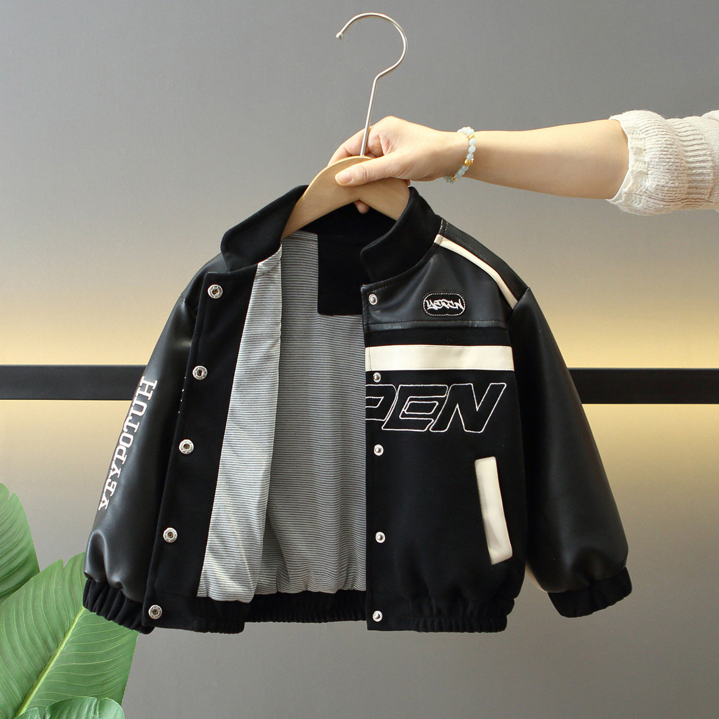 Style PU Leather Zipper Stand Collar Slim Fit Jacket for Boys