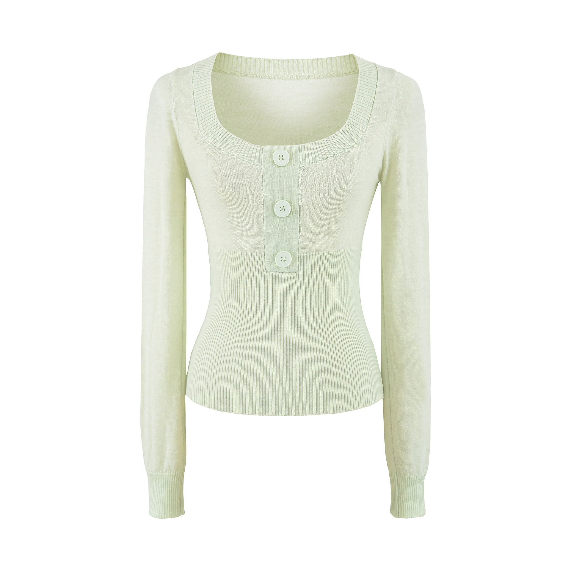 Women's Elegant Long Sleeve U Neck Button Detail Slim Fit Knit Top