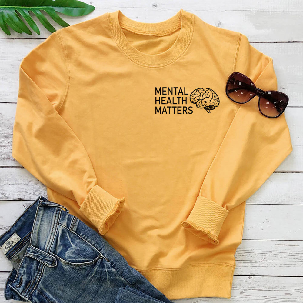 Alphabet printed mental health hoodie – detalle y tallas