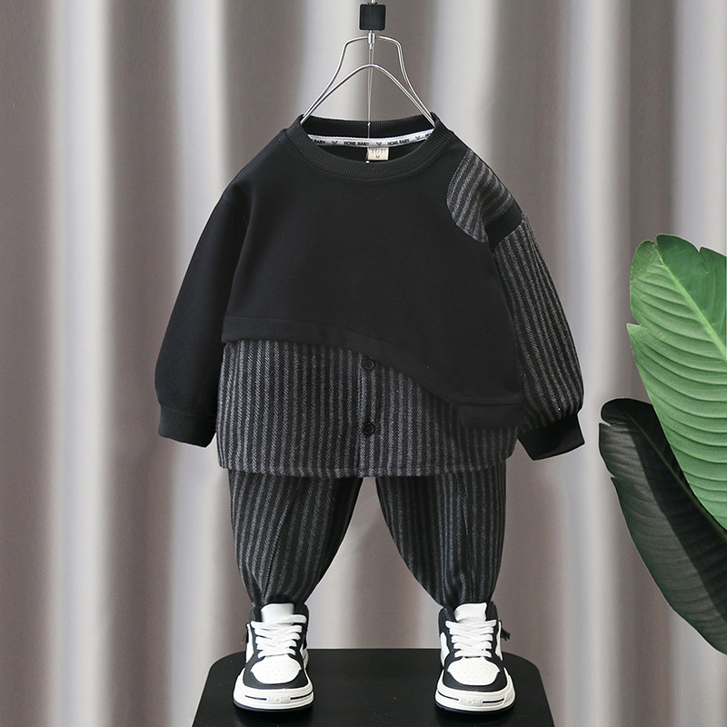 Boys Spring Autumn Patchwork Stripe Two-Piece Set