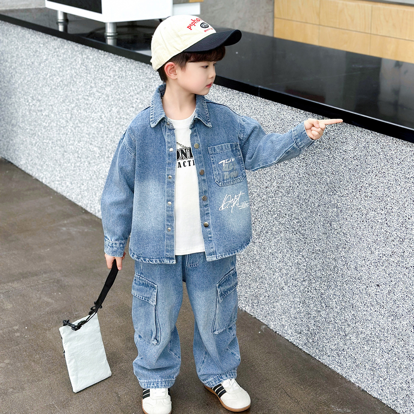 Boys Casual Denim Two-Piece Set Long Sleeve Jacket and Pants