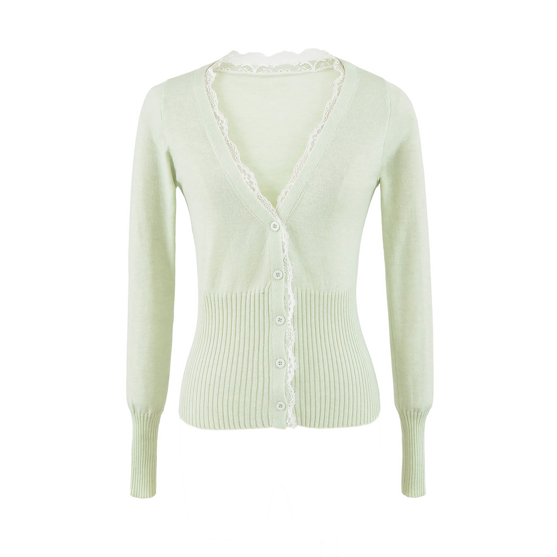 Women's Elegant White Long Sleeve V-Neck Knit Cardigan with Lace Trim