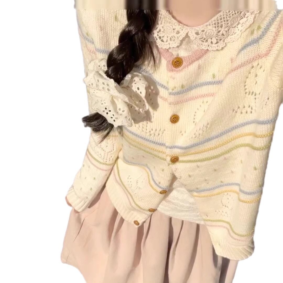 Sweet Striped Openwork Knit Cardigan Sweater Jacket for Women