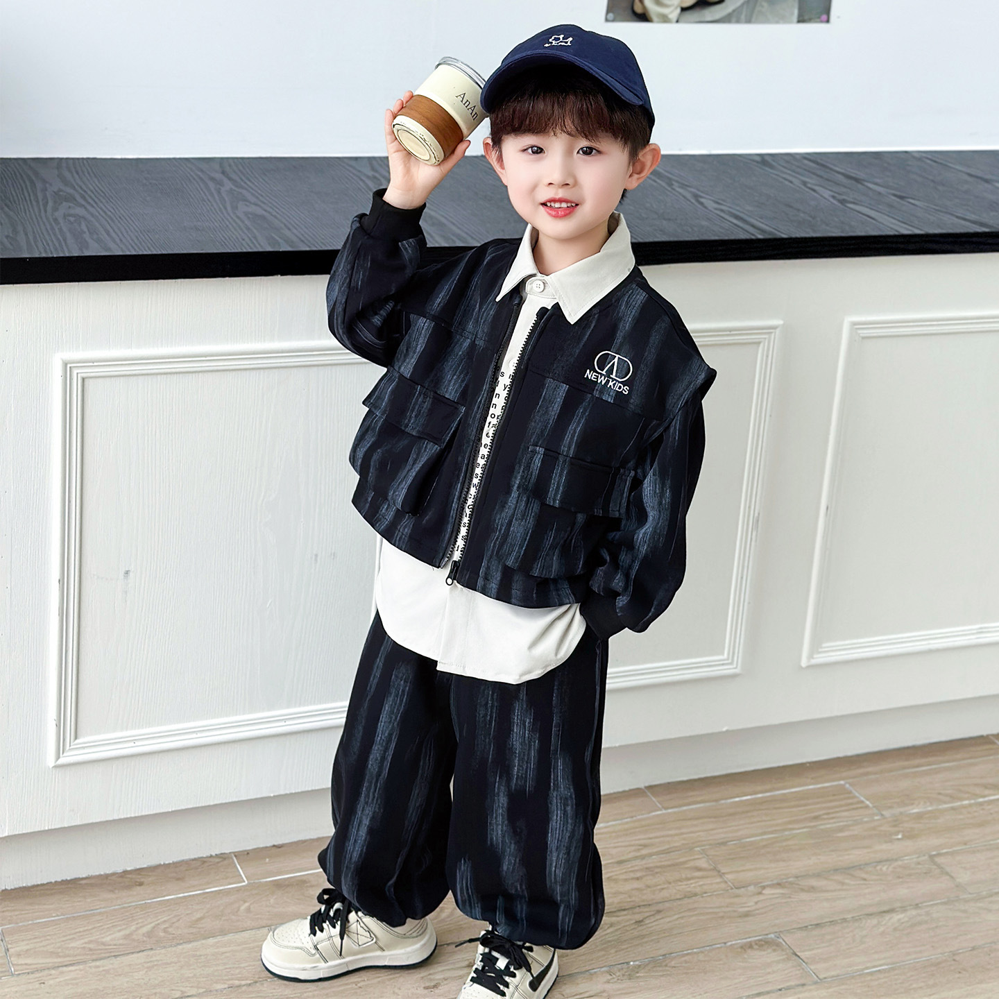 Boys' Spring Autumn Vest Shirt with Tie Cargo Pants 3-Piece Set