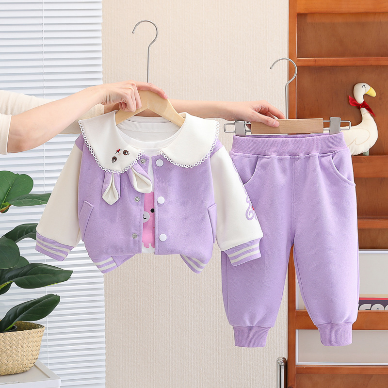 Girls 0-4 Years Old Rabbit Print Zipper Hoodie Pants Set with Wide Collar
