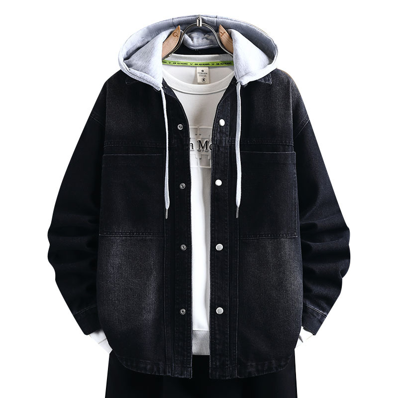 Trendy Denim Zipper Hooded Loose Fit Jacket for Men