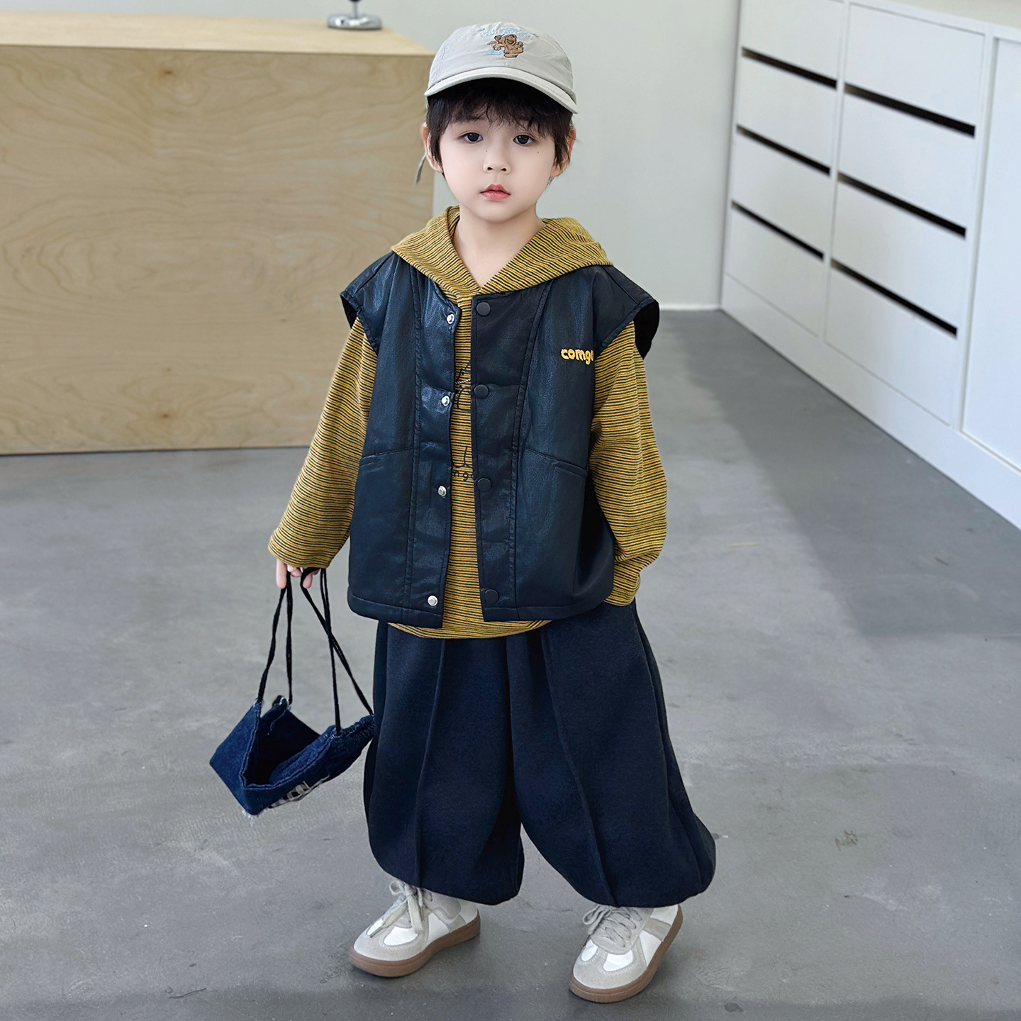 Boys Striped Hooded Sweatshirt Leather Vest Sweatpants 3-Piece Set
