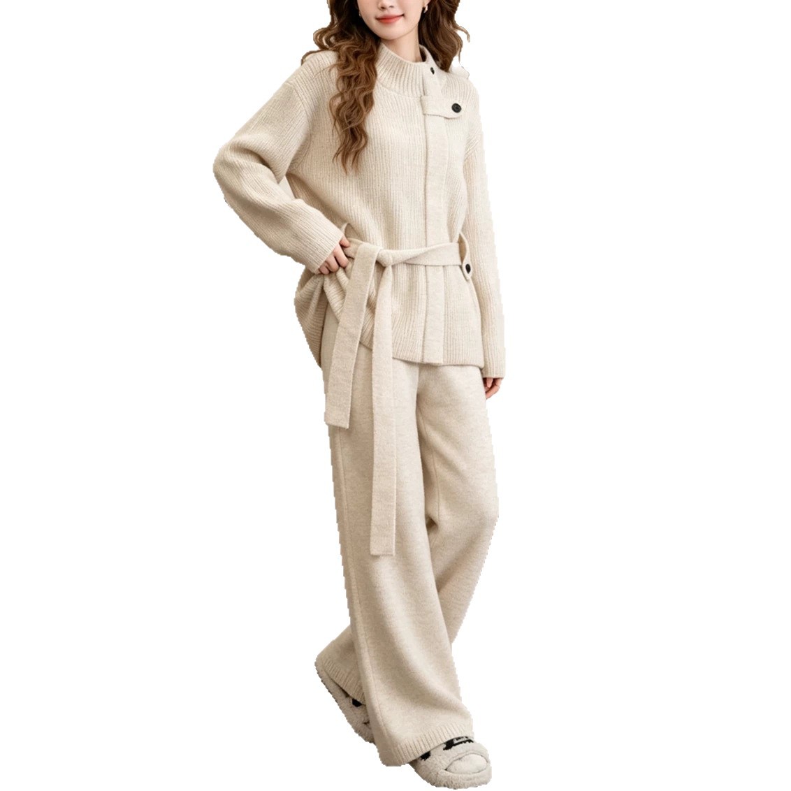 Stand up collar belt wide leg pants set