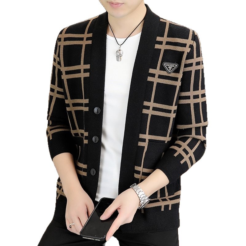 Men's Plaid Knitted Cardigan Single-Breasted Sweater Jacket