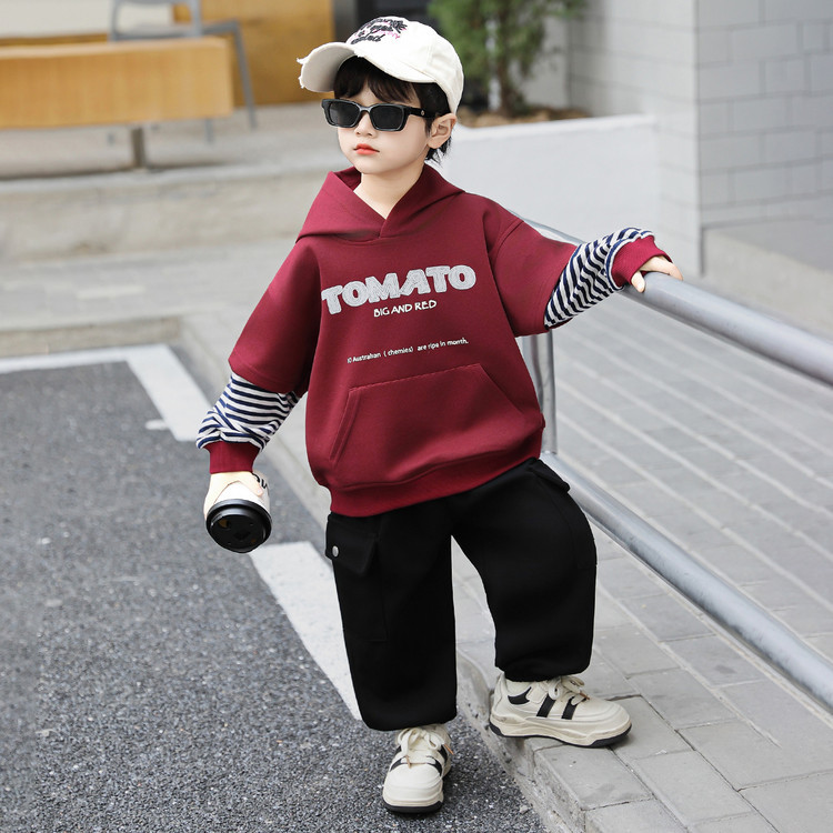 Boys Spring Autumn Sportswear Suit Fake Two-Piece Hoodie Set