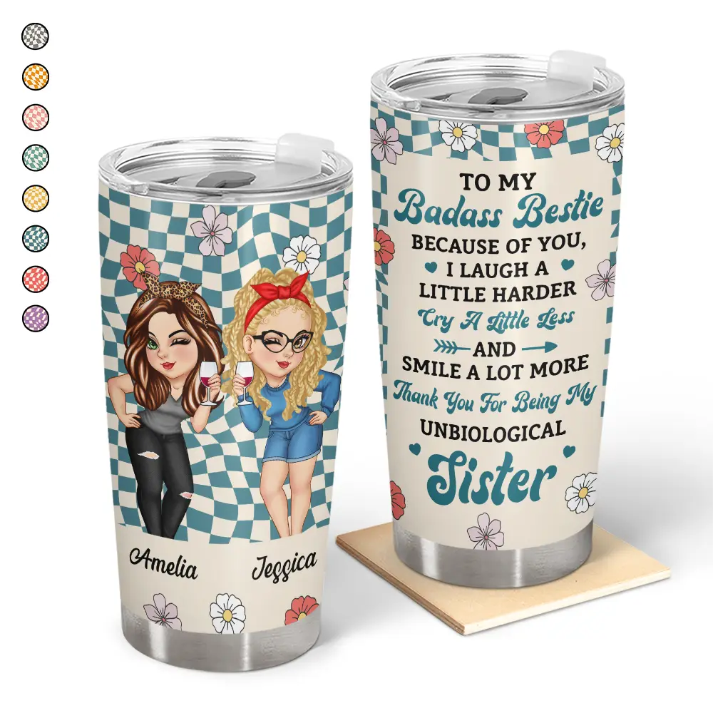 Personalized tumbler for best friends with custom illustrations and quote, stainless steel, ideal gift