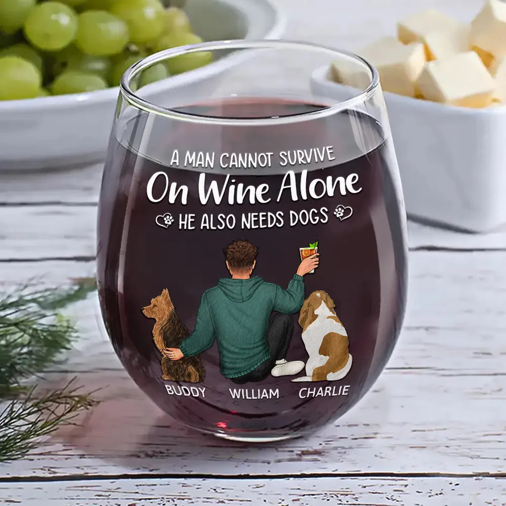 Dog Mom stemless wine glass with custom quote and dog illustration, perfect gift for dog lovers.