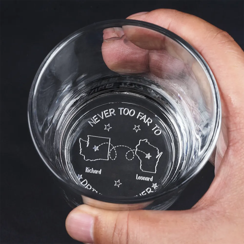 Personalized whiskey glass with 'Never Too Far To Drink Together' engraving, perfect gift for friends