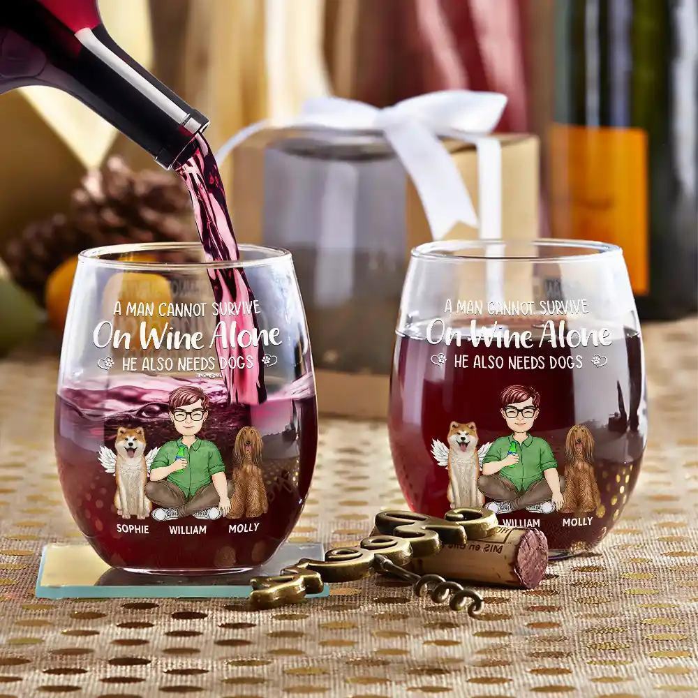Personalized stemless wine glasses with dog mom and dad design, wine pouring, gift idea for dog lovers, 15oz glass