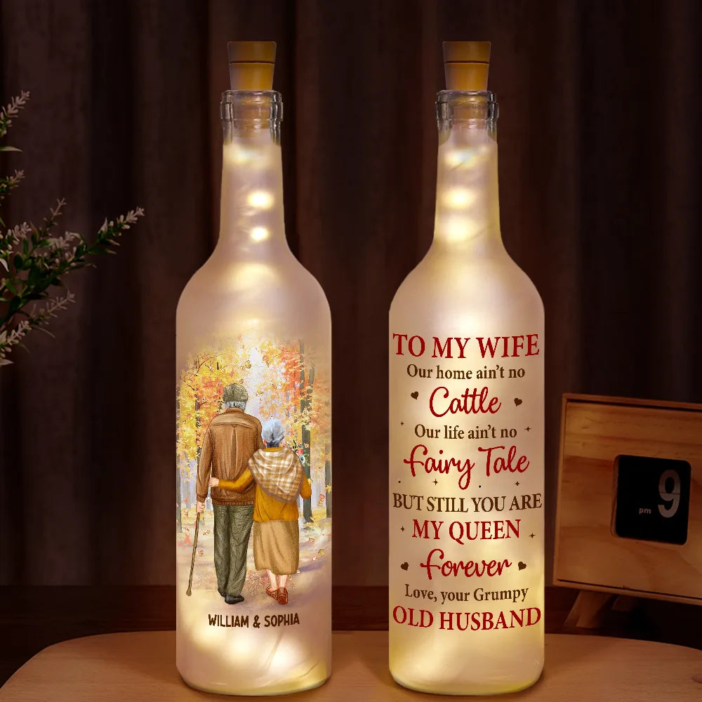 Personalized bottle light for wife, frosted glass with warm LED lights. Features heartwarming message.