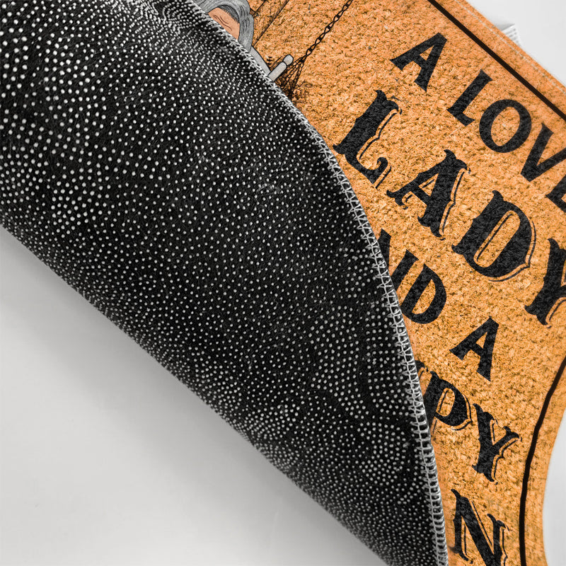 Personalized doormat with 'A lovely lady and a grumpy old man live here'. Custom couple gift.