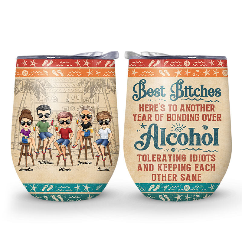 Personalized wine tumblers with beach theme and quotes about friendship and alcohol, perfect for vacation best friends gift