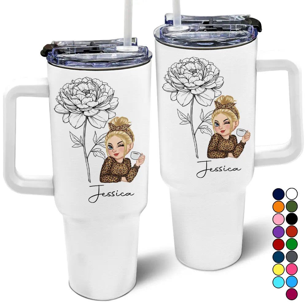 Personalized 40oz Tumbler with Straw - Bloom Where You're Planted floral sketch design, white stainless steel