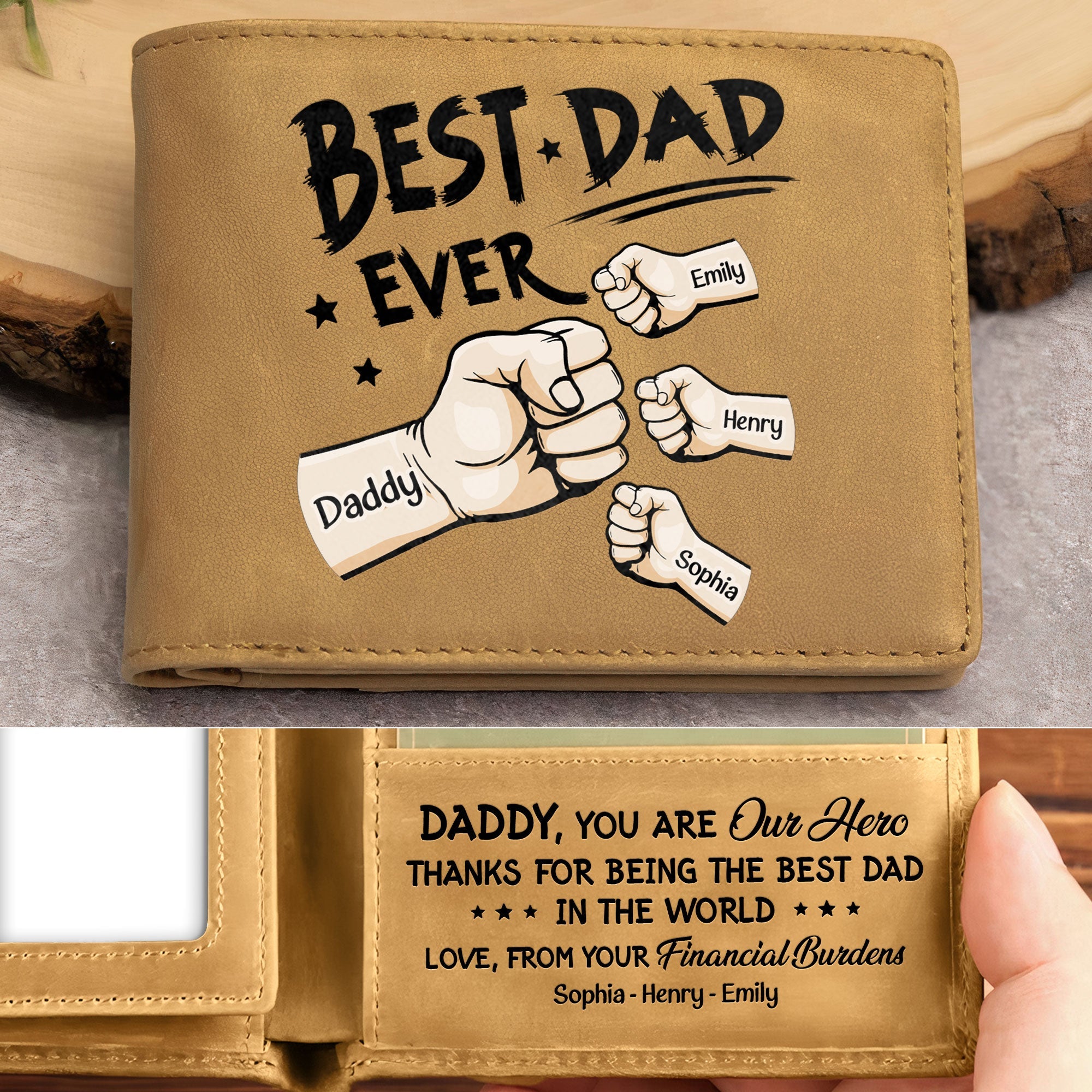 Best Dad Ever personalized leather wallet, featuring custom fist bumps for Dad from Emily, Henry, and Sophia.