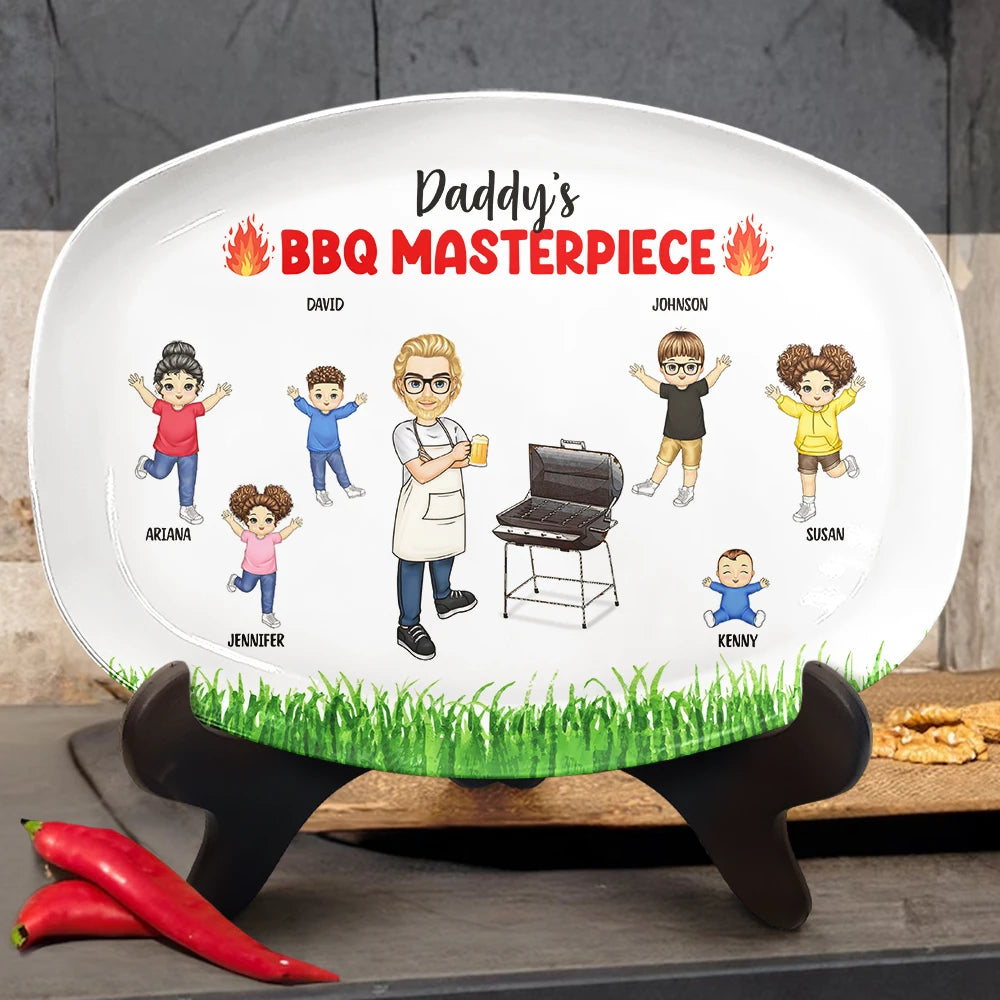 Personalized BBQ Plate with Family Illustration - BBQ Masterpieces Gift