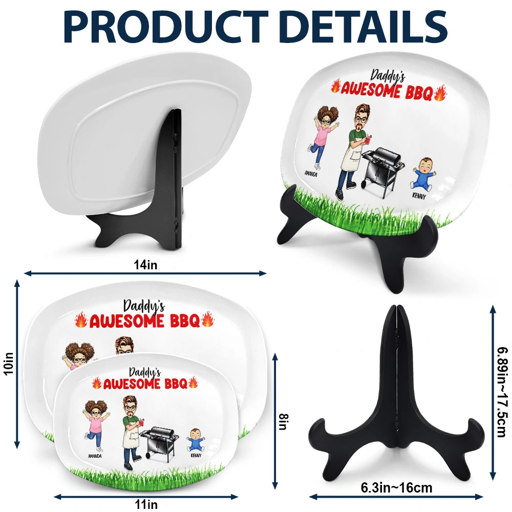 Personalized Grilling Plate with Family & BBQ Design, ideal gift for dad, displayed with stand