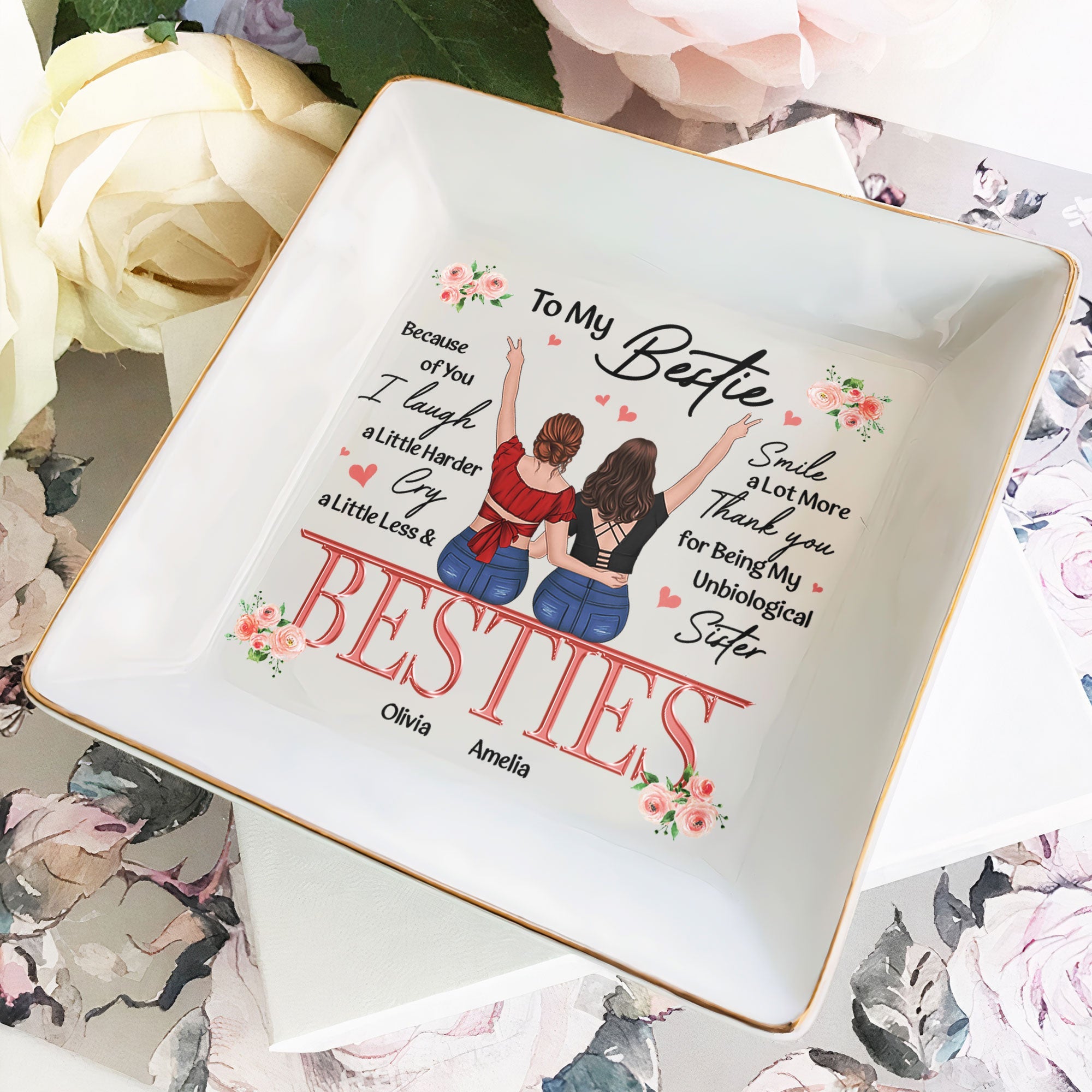 Friendship jewelry dish for best friend, "Because of You... Thank You"