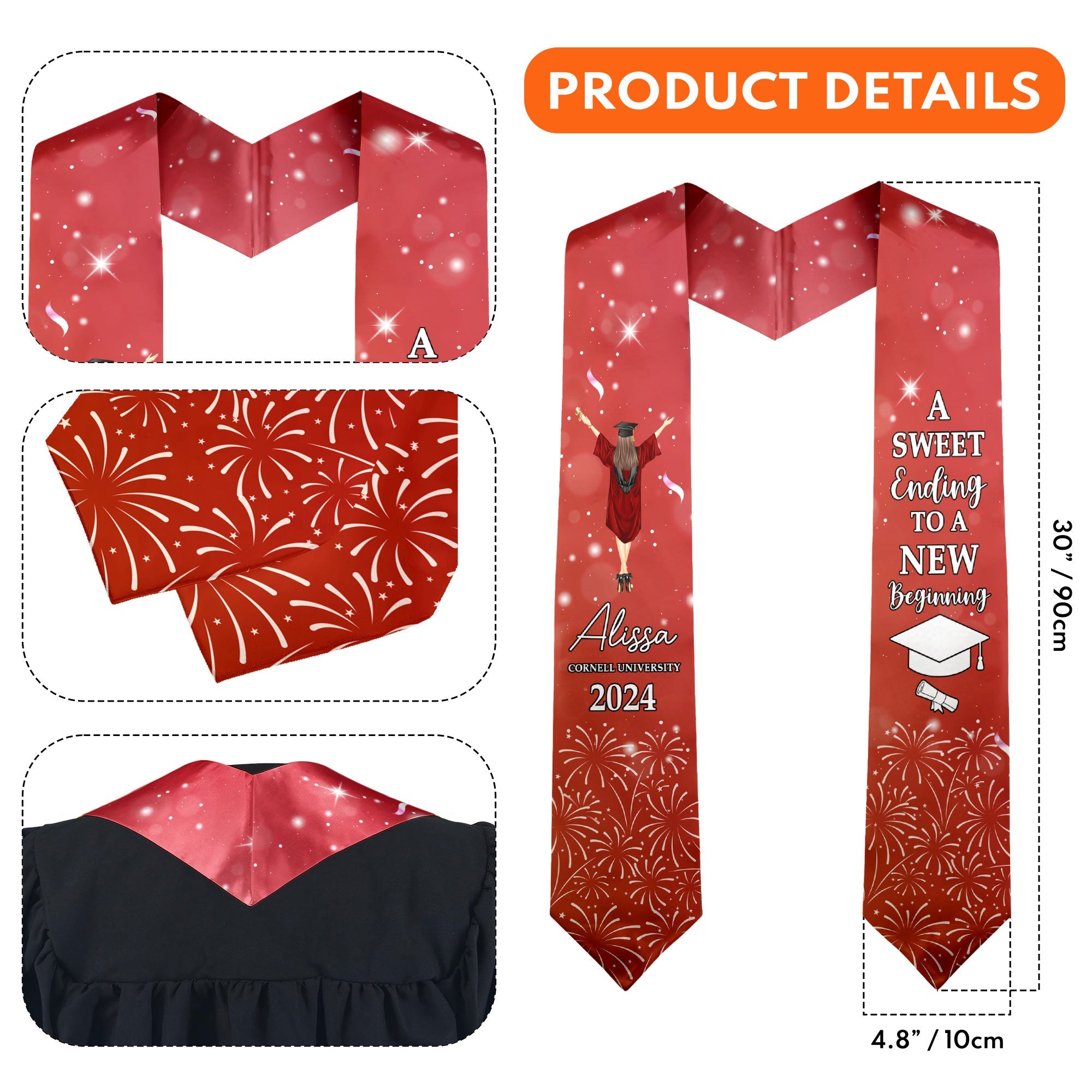 Red graduation stole "A Sweet Ending To A New Beginning", satin/polyester blend, graduation gift