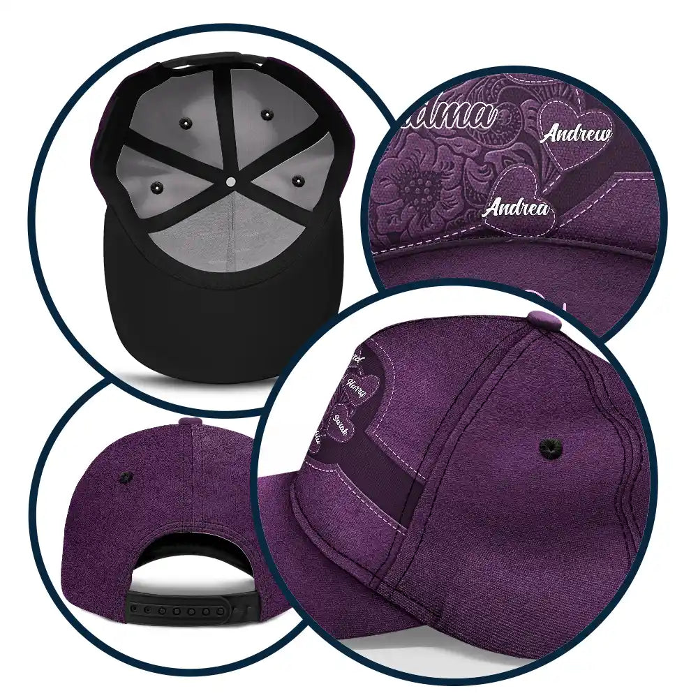 Purple Grandma's Little Sweethearts Classic Cap, detailed views: crown, brim, and snap closure.