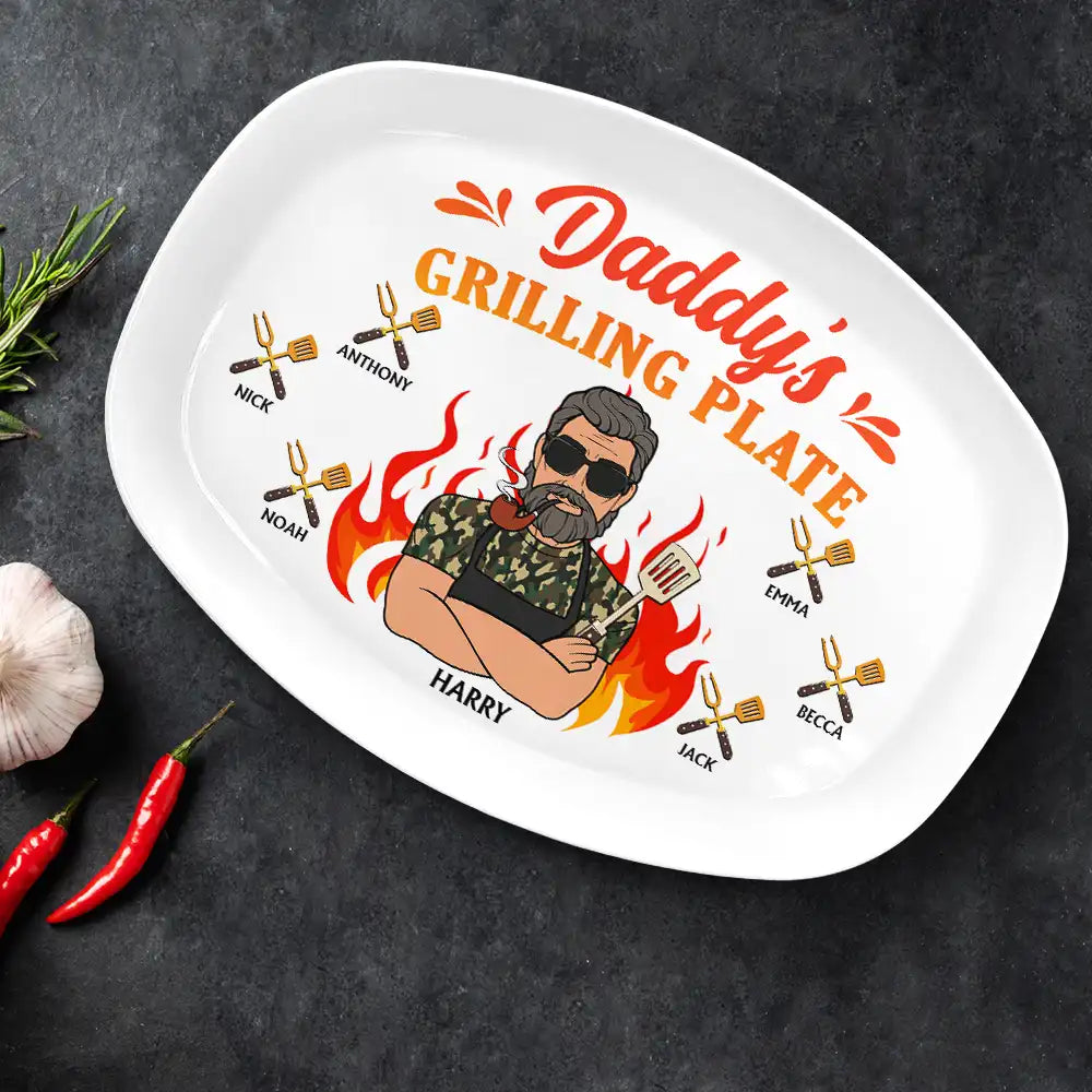 Personalized Daddy's Grilling Plate with Fire Cartoon - Custom BPA-Free Plate
