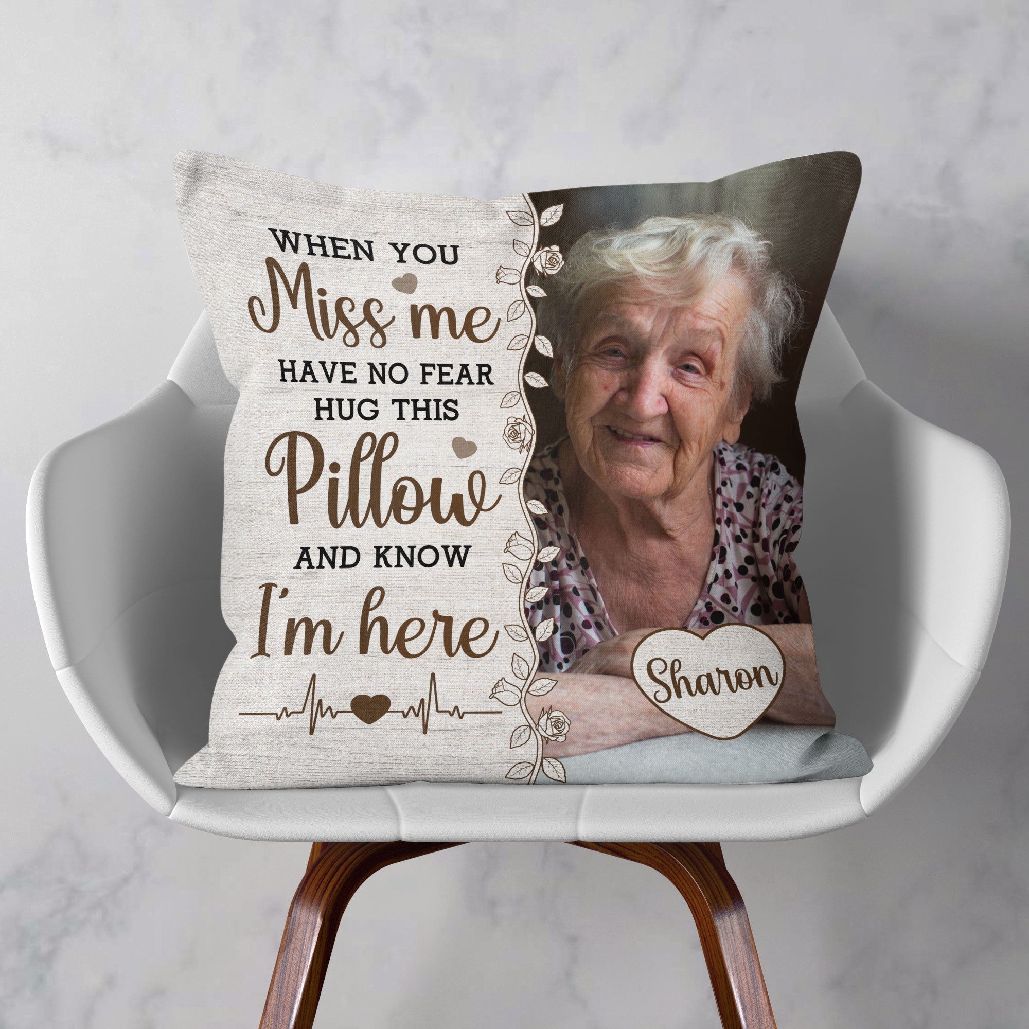 Personalized photo memory pillow with comforting message: When you miss me, hug this pillow and know I'm here.