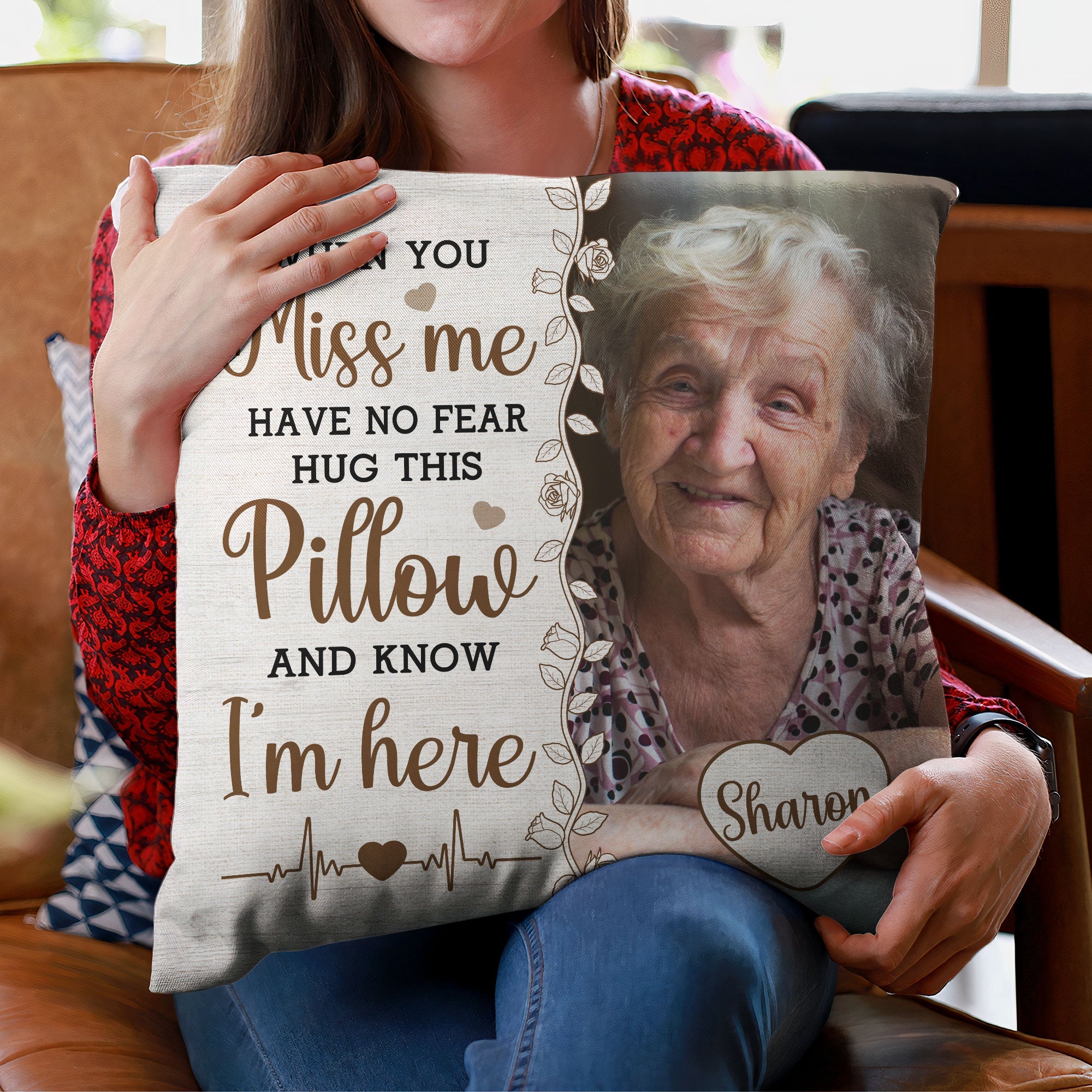Personalized photo memory pillow with comforting message: When you miss me, hug this pillow and know I'm here.