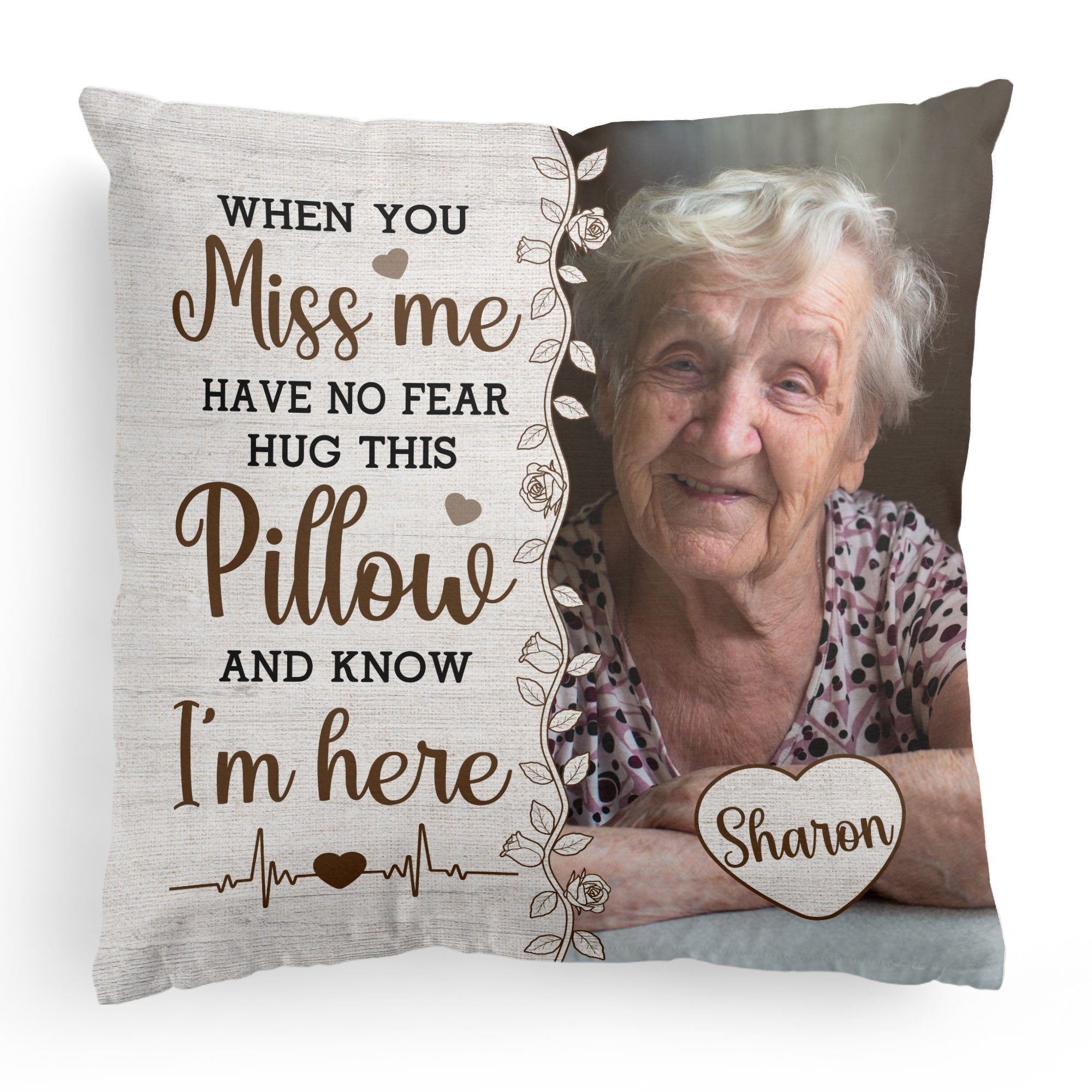 Personalized photo memory pillow with comforting message and photo of loved one, 'Hug this pillow and know I'm here'.
