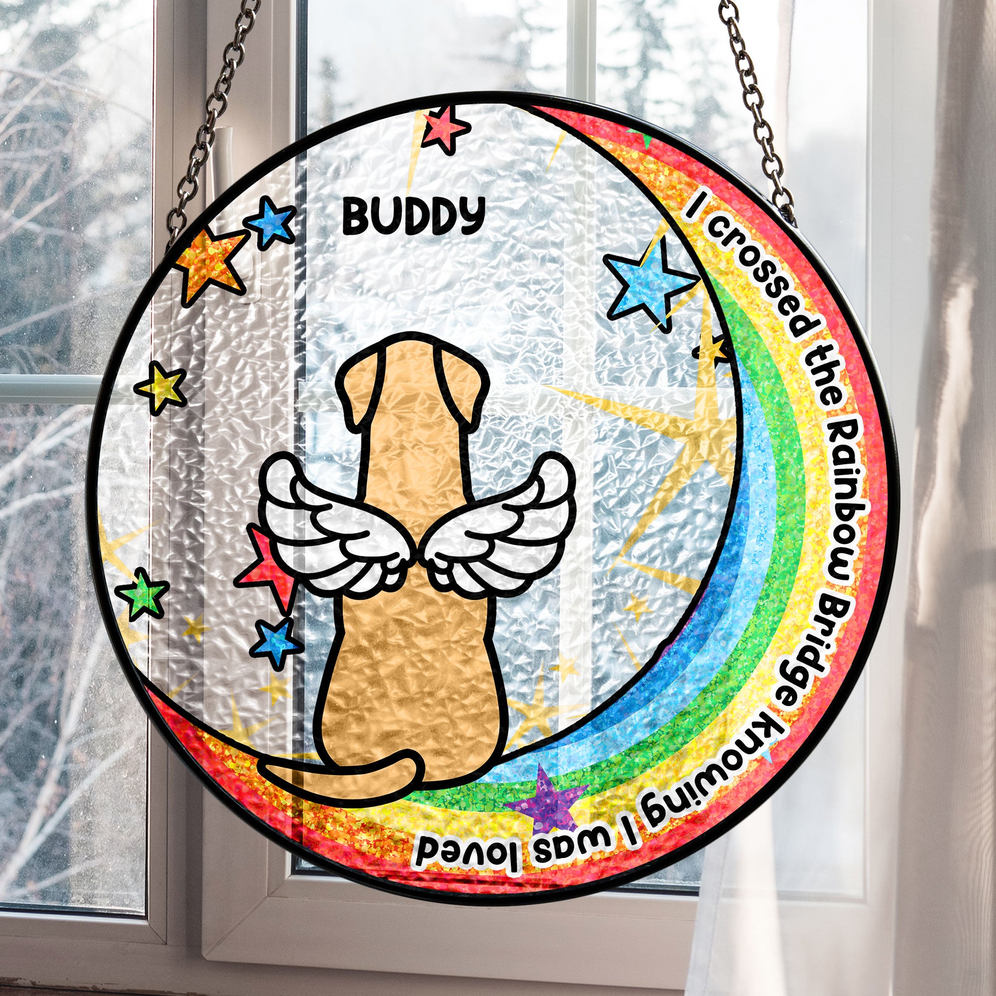 Buddy Dog Memorial Suncatcher with rainbow and moon, stained glass window hanging, pet loss gift