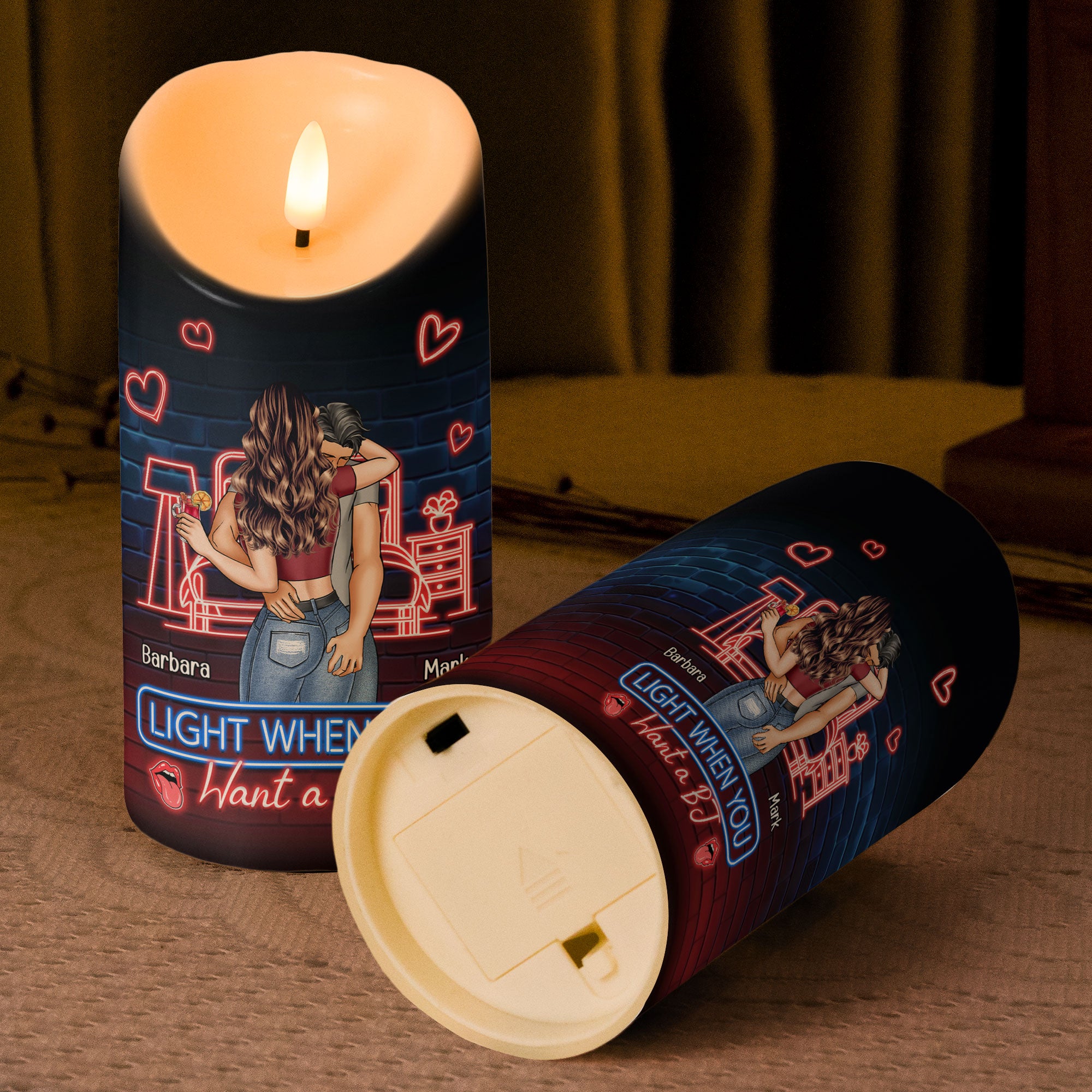 Personalized LED Candle 'Light when you want a BJ', flameless romantic gift, perfect for couples.