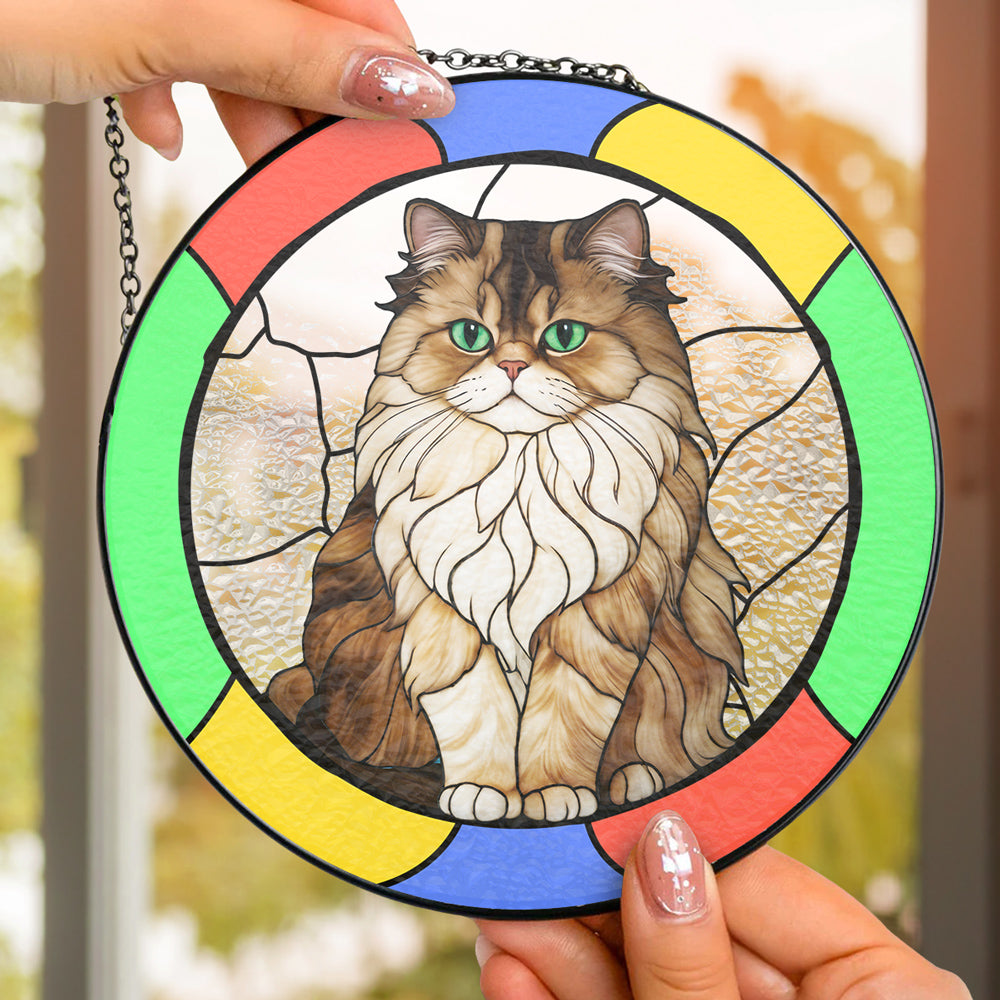 Personalized cat portrait suncatcher stained glass, colorful border, window decor