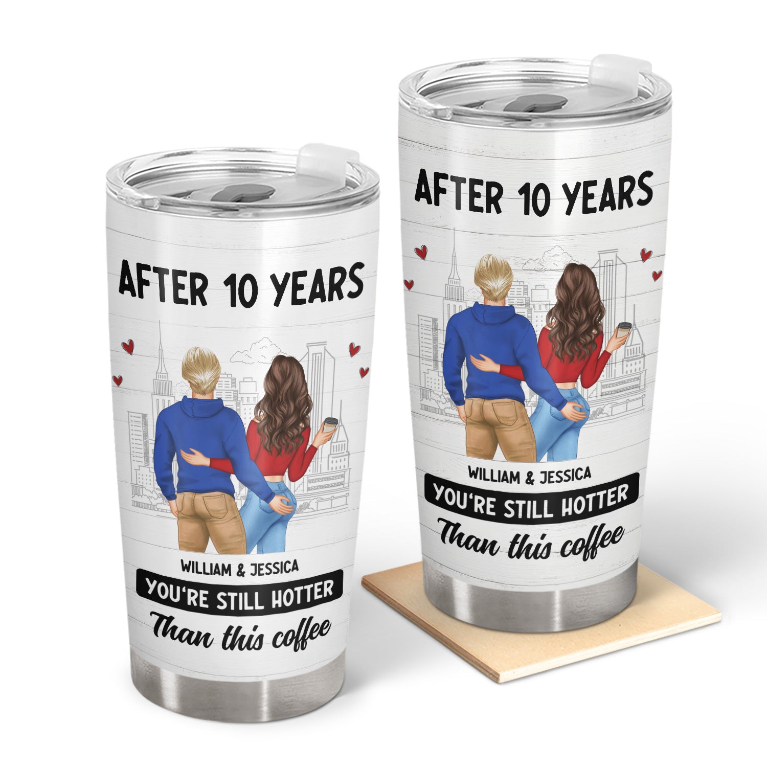 Personalized couple tumbler gift with "After 10 years" message, double-wall vacuum insulated travel mug